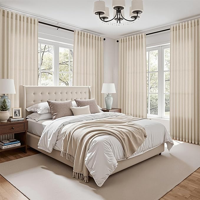 Nanspring 102 Inch Long Curtains for Living Room Cream Beige Linen Light Filtering Semi Sheer Curtain Back Tab Modern Farmhouse Decor Floor to Ceiling Coastal Drapes for Bedroom 52x102, 2 Panels