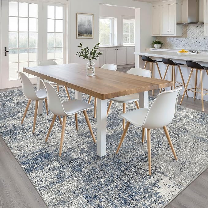 9x12 Area Rug Living Room: Washable Large Neutral Rug Abstract Soft Modern Stain Resistant Indoor Floor Non-Slip Carpet for Bedroom Nursery Kids Office Playroom Dining Room Under Table- Blue Gray