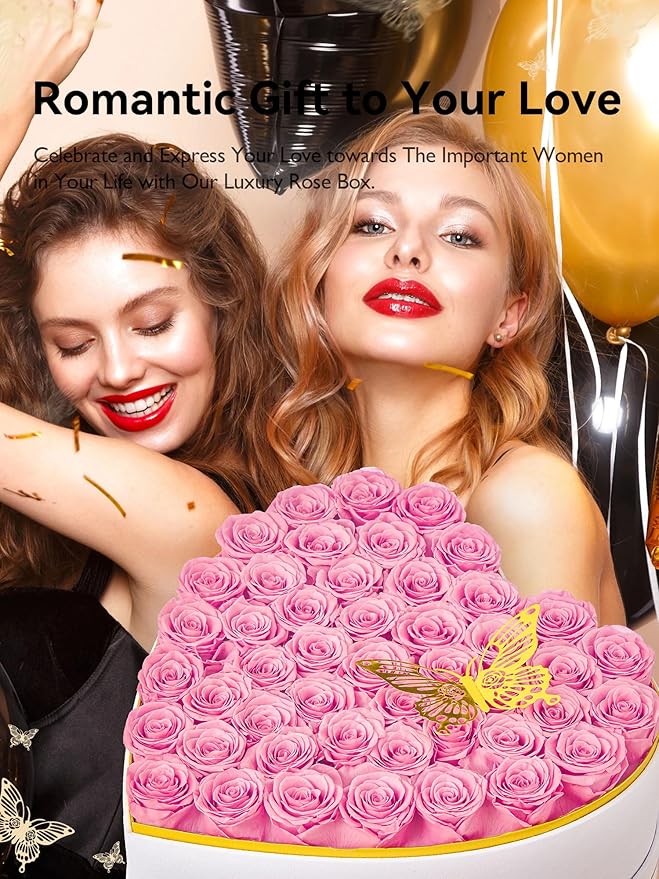 Eterfield 47 Forever Flowers in Heart Shape Box, Preserved Roses That Last a Year Preserved Flowers Birthday Gifts for Her Mom Women Wife Anniversary Valentines Day Mothers Day Christmas, Pink