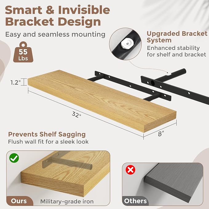 32 Inch Floating Shelves for Wall Set of 2, 8"D Wood Grain Bathroom Shelves with Invisible Brackets, Easy Install Engineered Wood Storage Shelves for Kitchen, Living Room, Bedroom, Oak Finish