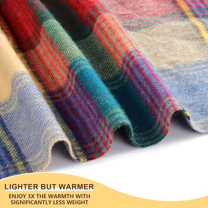 Woolly Throw Pure Wool Blanket - Large 55x83 inches, 1.5 lbs,Wool Fringed Knee Throw Blanket for Couch Bed Outdoor Travel,Soft Lightweight Breathable Blanket for All Season,Blue-red Lattice