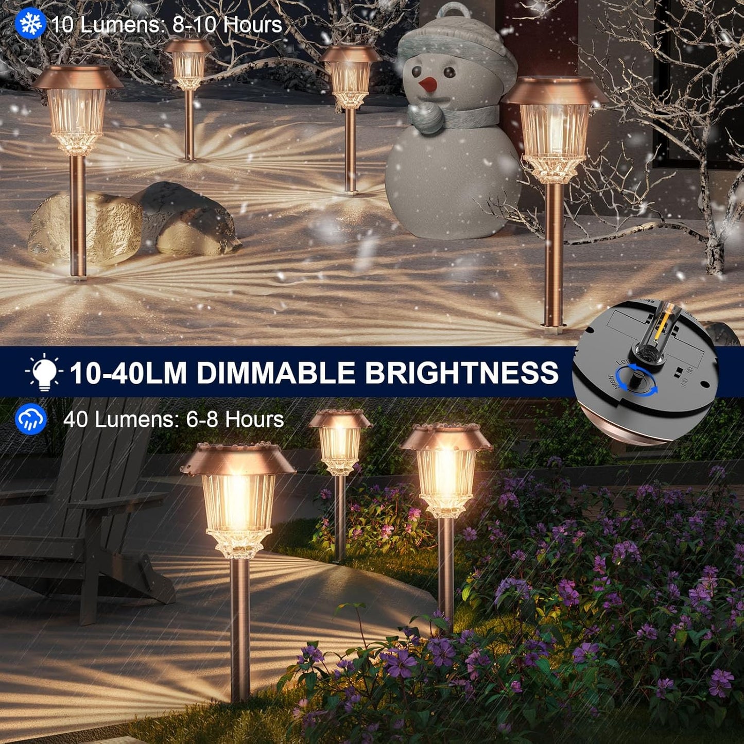 XMCOSY+ Solar Pathway Lights Outdoor - 6 Pack Solar Lights Outdoor Waterproof, 10-40 LM Dimmable Auto On/Off Solar Outdoors Lights Yard Garden Walkway Driveway (Warm White)