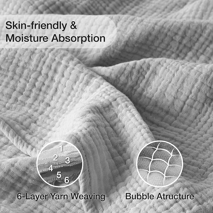 100% Cotton Muslin Blanket Large 50" x 70", Breathable and Lightweight Cotton Throw Blankets for Bed and Couch, Soft Cooling Summer Gauze Blanket for Adults All Season, Light Grey