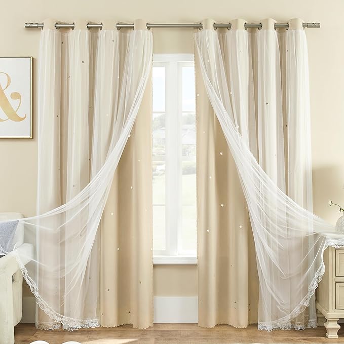 XiDi Beige Blackout Curtains with Sheer Overlay Star Cut Out Design Warm Color Double Layer Curtains Thermal Noise Reduction Grommet Darpes for Girls Kids Bedroom Living Room 52 x 84 Inches, Set of 2