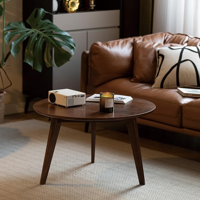 Christopher Knight Home Bede Modern Small Size Low Wooden Coffee Table, Round Top Living Room End Table Accent Furniture, Home Office Writing Desk, Multifunctional Sofa Table, Walnut Brown
