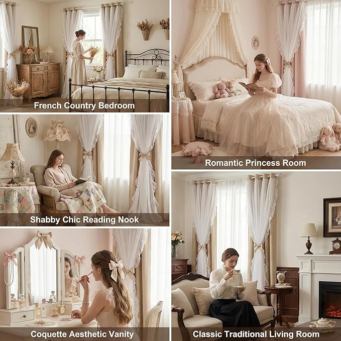 PONY DANCE Girls Curtains for Bedroom Decorative Drapes for Kids Double Layer Curtain Ruffle Sheer Overlay Room Darkening Pretty Chic Princess, 52x84 inch, Biscotti Beige, 2 PCs