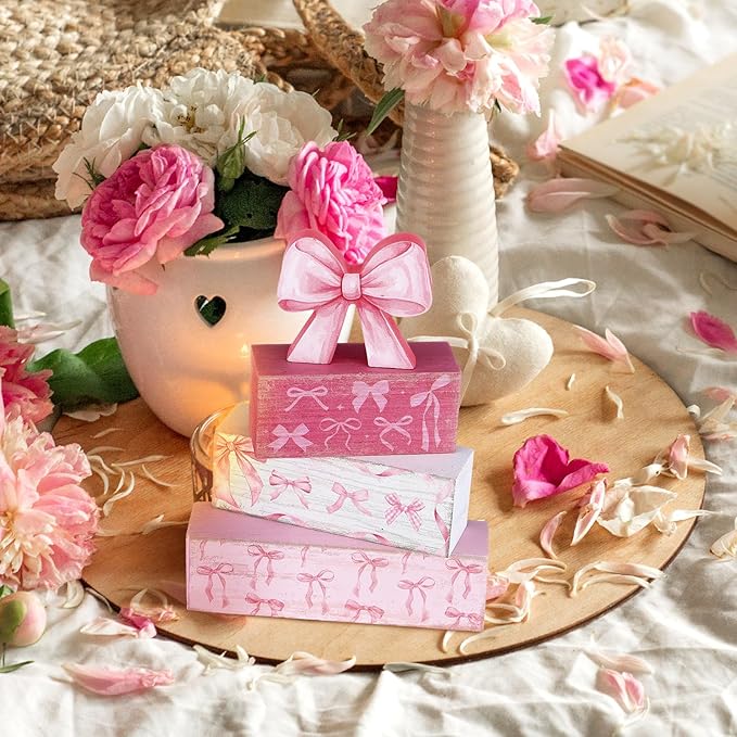 Conelist 4 Pcs Pink Bow Room Decoration Galentines Coquette Gift Pink Bow Block Sign Centerpiece for Table Gift for Teen Girl Birthday Bachelorette Bridal Wedding Baby Shower Valentines Party Supplies