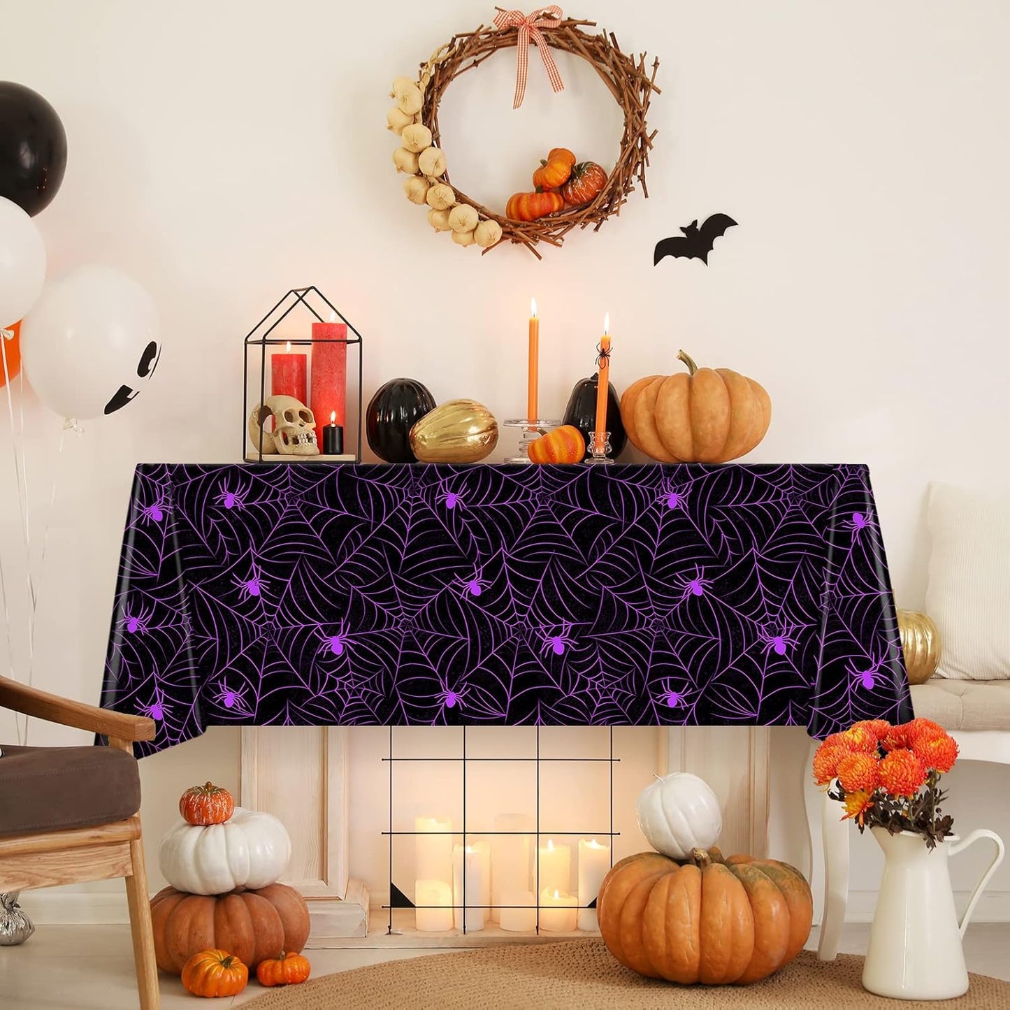 TREWAVE 3 Pack Halloween Spiderweb Tablecloth Rectangular Plastic Spider Web Table Cloth Large Size Table Covers for Home Decor Halloween Party Decorations 54" x 108" (Purple Spider)