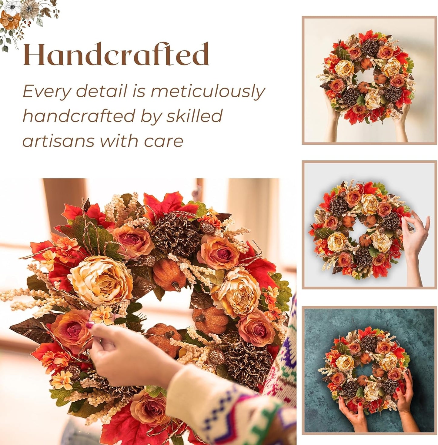 22" Fall Harvest Mixed Wreath - Premium Handcraft Fall Wreaths for Front Door | Perfect for Autumn & Thanksgiving Decor