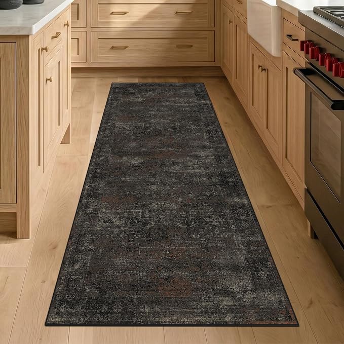 Black Kitchen Runner Rug 2x6 Washable Non Slip, Volcanic Charcoal Stain Resistant Low Pile Rug with Lava Red Accents for Hallway Entryway Bathroom Laundry Room