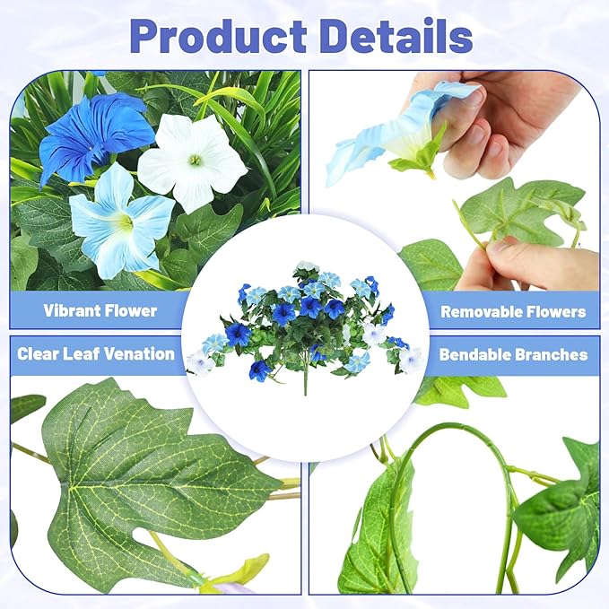 2 Pack Artificial Flowers Hanging Baskets for Outdoors, 10 PCS UV Resistant Faux Outdoor Plants, Fake Petunias Silk Flowers for Garden Balcony Yard Porch Decor (White Blue)