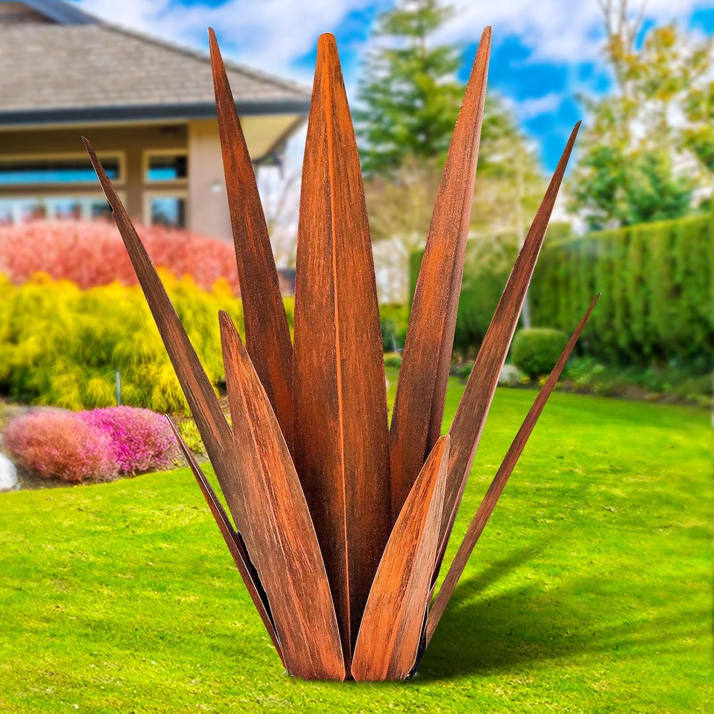 Metal Agave Plants, Tequila Rustic Sculpture, Metal Yard Art, Outdoor Lawn Ornaments Yard Stakes (Rusty- L)