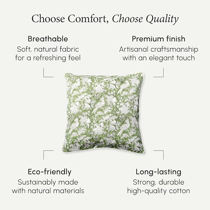 CPC 100% Cotton Throw Pillow Covers 18x18 Inch, Set of 2 Green Block Print Pattern Couch Pillow, Cute Boho Decorative Pillows for Living Room, Bedroom with Hidden Zipper- Olive Green