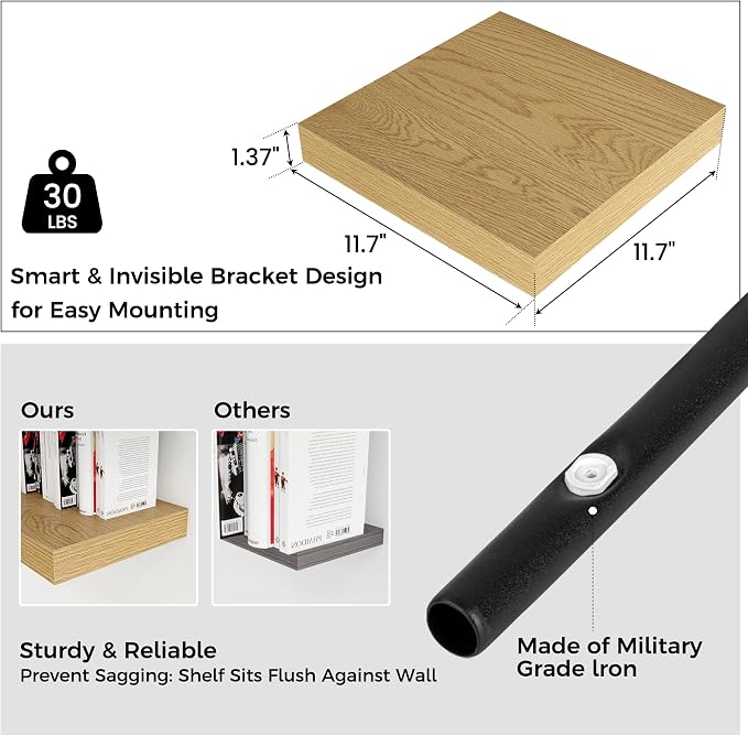 Venusmiles 12"x12" Square Floating Shelves for Wall, Oak Finish, 3-Pack | Engineered Wood Wall Shelves with Invisible Brackets for Living Room, Bedroom, Bathroom, Office & Kitchen Storage