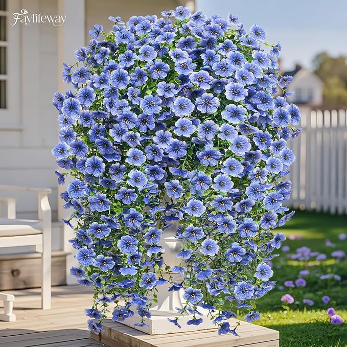 Artificial Hanging Flowers for Outdoors Spring Summer Decoration, 8PCS UV Resistant Silk Fake Hanging Plants for Patio Porch Front Yard Window Garden Indoor Decor(Blue,8PCS)