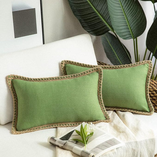 Phantoscope Pack of 2 Farmhouse Decorative Throw Decorative Pillow Cover Burlap Linen Pillow Covers Trimmed Tailored Edges Green, Plain, 12 x 20 inches, 30 x 50 cm