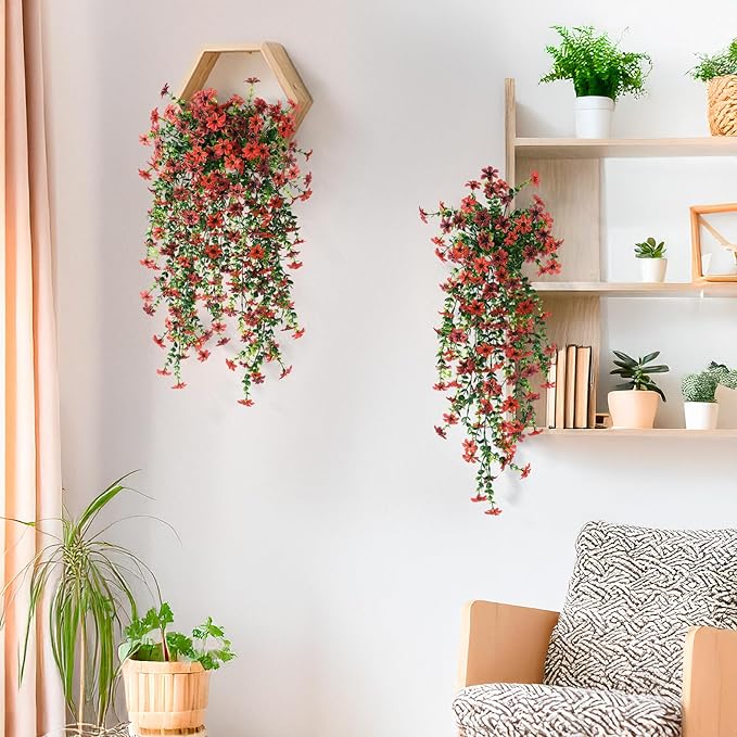 Artificial Fake Hanging Flowers Plants for Outdoor Spring Summer Decoration,2 PCS Faux Silk Daisy with Eucalyptus Leaves,UV Resistant Look Real for Outside Home Planter Porch Patio Balcony Yard Decor