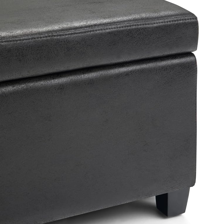 SIMPLIHOME Avalon Storage Ottoman Bench - 48" Wide x 16" High Upholstered Vegan Leather Rectangular Lift-Top Ottoman in Distressed Black, Contemporary Bench for Living Room with High-Density Foam