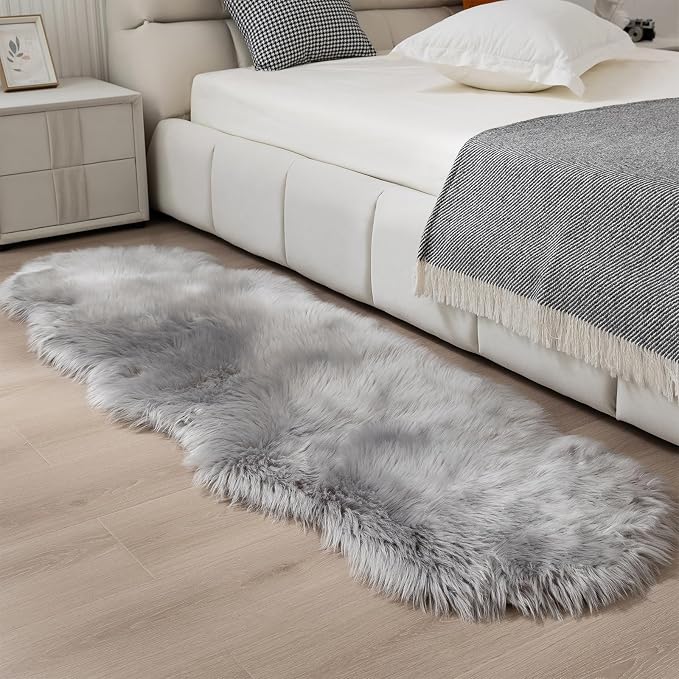 Faux Fur Sheepskin Runner Rug Gery 2x6 ft Ultra Soft Shaggy Plush Fluffy Fuzzy Area Carpet Decorative Chair Cover Floor Mat for Bedroom Sofa Living Room Bedside