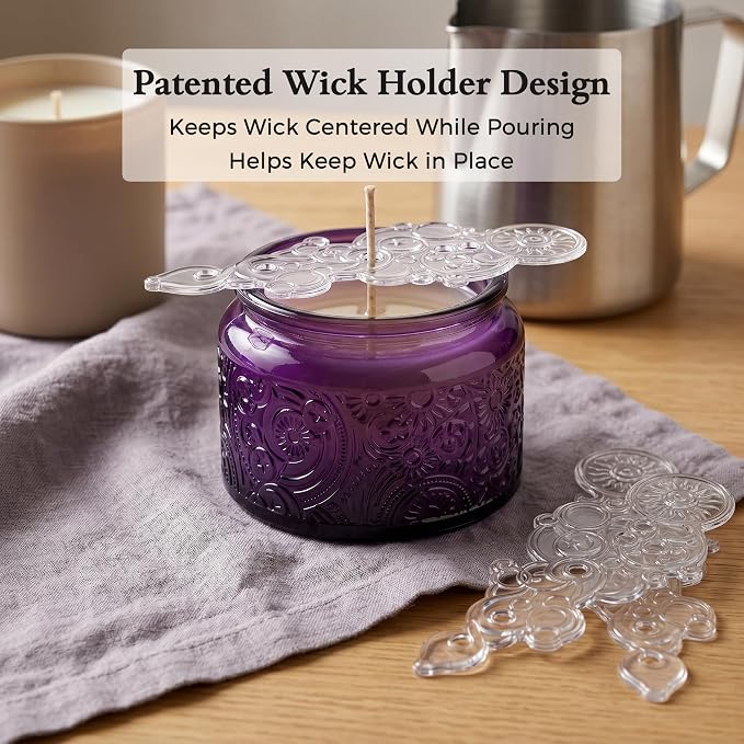 4 oz Purple Sun Moon Stars Candle Jars with Bamboo Lids, 18 Pack | Patented Embossed Design, Includes Wick Centering Devices & Warning Labels, Multiple Color Options