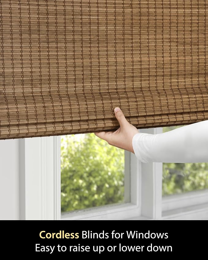 UNISHADES Cordless Bamboo Roman Shades, 29.5×64 in, Highfield Teak | Wide Bamboo Strip Weaving Technique, High light-blocking capacity, High Level of Privacy Protection