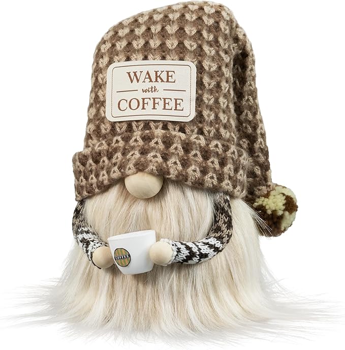 Coffee Gnome - Cute Plush Gnome Holding Cup, Handmade Bar Decor & Accessories, Gift for Coffee Lovers, Swedish Tomte Elf Dwarf for Station, Kitchen, Valentine, Christmas & Home Decorations
