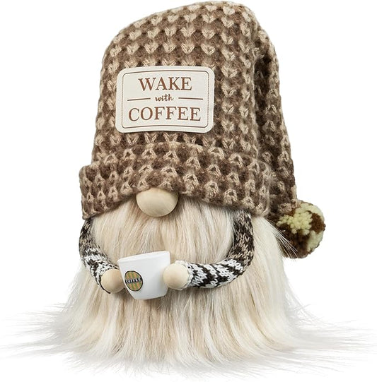 Coffee Gnome - Cute Plush Gnome Holding Cup, Handmade Bar Decor & Accessories, Gift for Coffee Lovers, Swedish Tomte Elf Dwarf for Station, Kitchen, Valentine, Christmas & Home Decorations