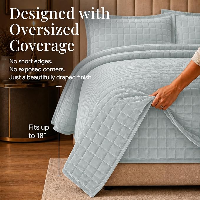 Tribeca Living Luxury Velvet Quilt Twin Size Set - 260GSM Ultra-Soft Oversized Velvet Bedspread Comforter Set with 1 Sham, in Florence Haze Blue