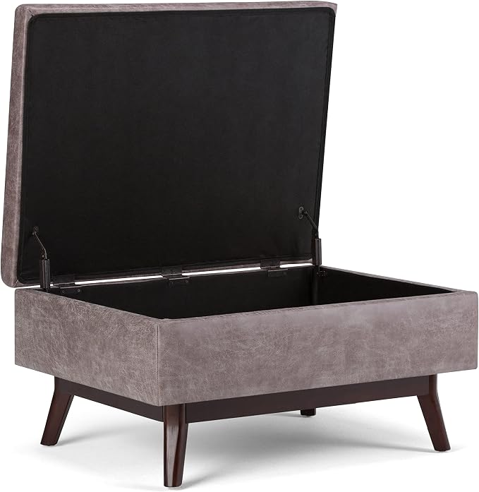 SIMPLIHOME Owen Coffee Table Storage Ottoman - 34" Wide x 19" High Upholstered Vegan Leather Rectangular Lift-Top Ottoman in Distressed Grey Taupe, Mid-Century Modern Bench with Tapered Legs