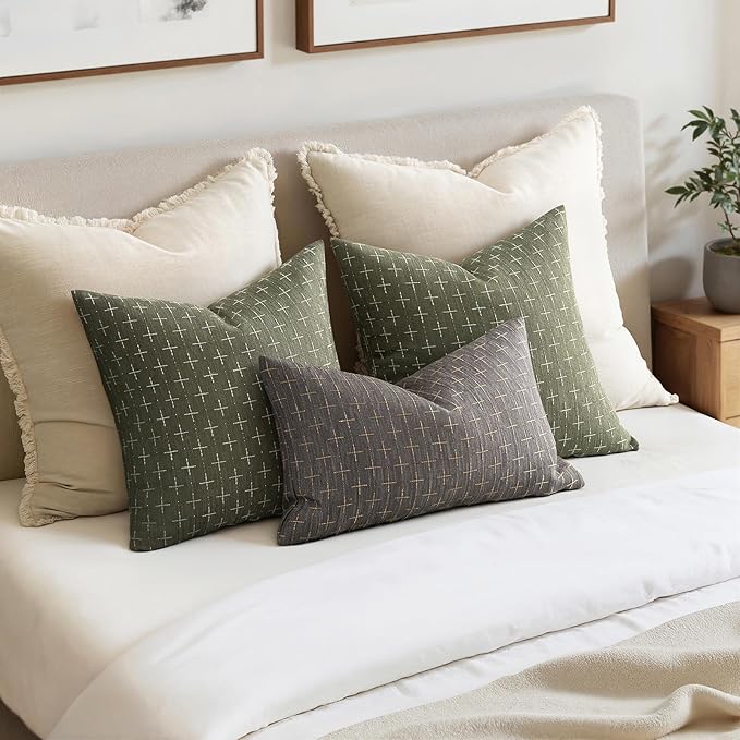 MIULEE Pack of 2 Decorative Vintage Burlap Linen Spring Throw Pillow Covers Modern Farmhouse Pillowcase Rustic Woven Textured Cushion Cover for Sofa Couch Bed 18x18 Inch Olive Green