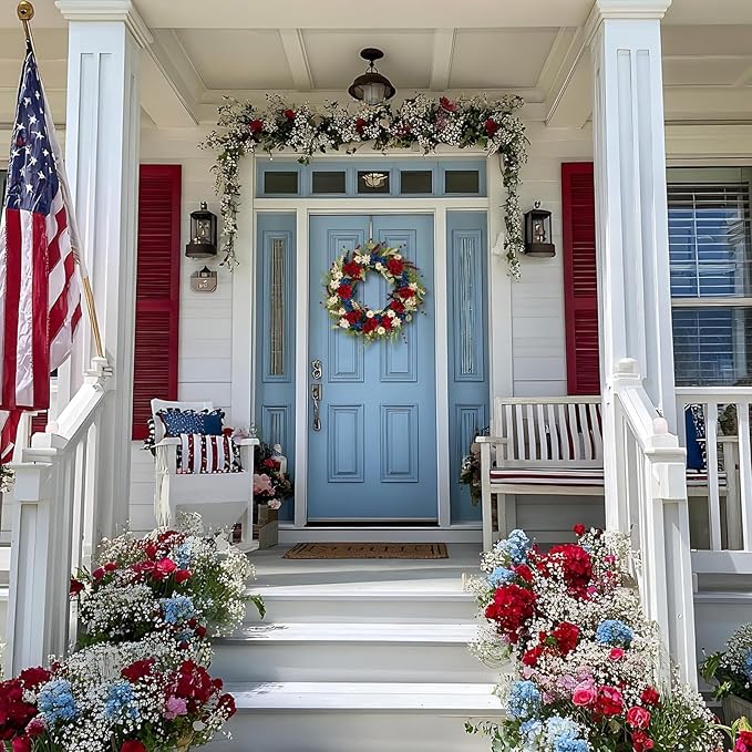 20 Inch Patriotic Wreaths for Front Door, 4th of July Independence Day Memorial Day Wreath with Red White Blue Flowers, Grain and Eucalyptus Leaves Outdoor Patriotic Door Decor for Home Porch