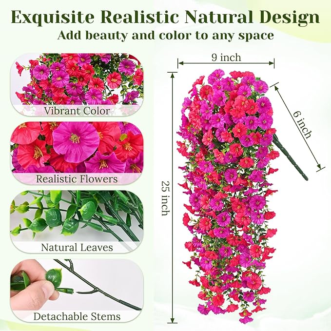 Dolicer 8 Packs Look Real Artificial Flowers for Outdoors, Fake Artificial Hanging Flowers for Outdoors Realistic UV Resistant Faux Hanging Flowers Silk Petunia for Porch Patio (Fuchsia+Rose Red)