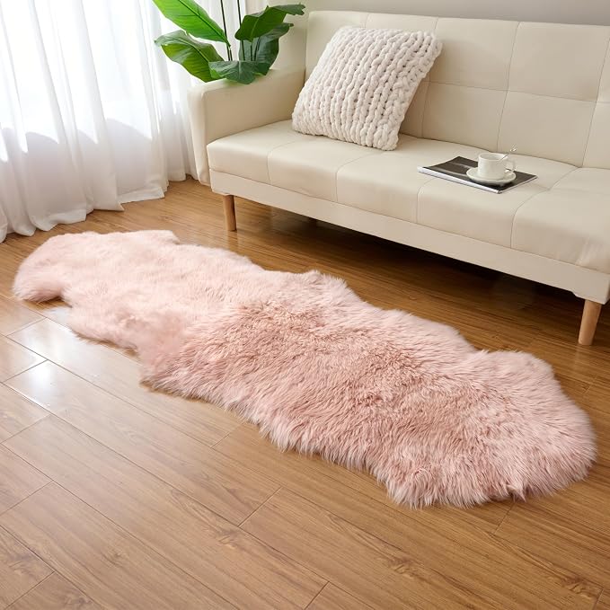Premium Genuine Sheepskin Area Ruge - Real Wool Fur Shaggy Carpet | Fluffy Soft Natural Lambskin Rug Seat Chair Covers for Couch Sofa Bedroom Living Room(Pink,2×6 Feet Sheepskin)
