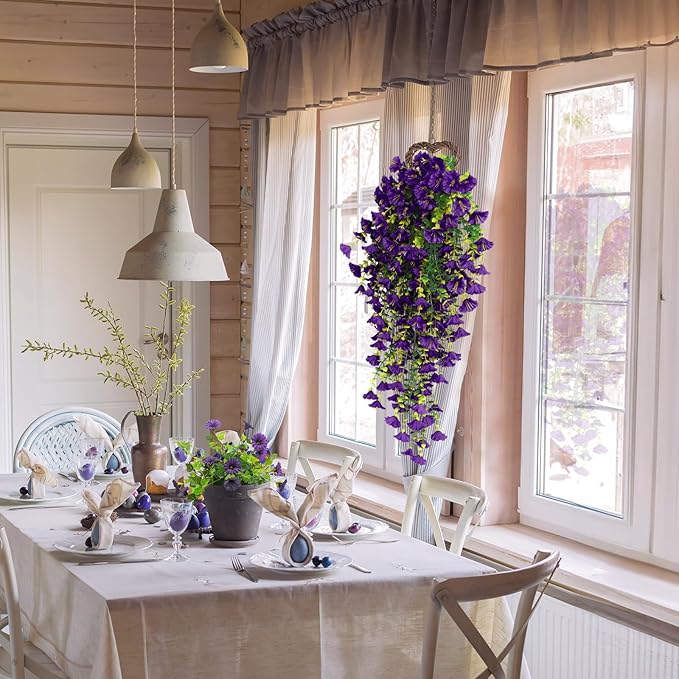 SJL Faux Hanging Plants Outdoor Flowers UV Resistant Fake Plants for Outside Fake Silk Colorful Morning Glory Artificial Eucalyptus Leaves for Arch Backyard Kitchen Spring Outside Decorations(Purple)