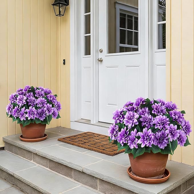 VIERENA 8 Bundles Artificial Dahlia Flowers for Outdoors Spring Summer Decor, No Fade Silk Flower Faux Dahlias Plant Arrangement for Home Garden Balcony Farmhouse（Purple）