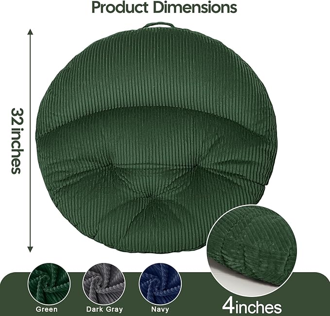 Meditation Cushion, 32 Inch Large Round Floor Pillow, Green | Soft Tufted Corduroy Meditation Pillow for Adults with Handle for Yoga, Cozy Meditation Mat for Reading and Tatami Seating