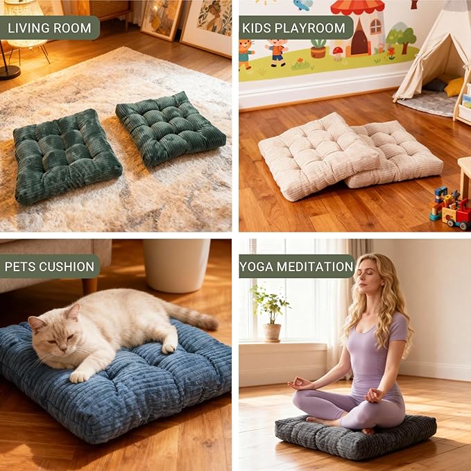 Meditation Floor Pillow Set of 2,Memory Foam Meditation Cushion for Adults Sitting, Large Square Thickened Seat Cushions for Yoga, Tatami Living Room (2, Dark Green)