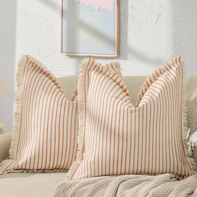 ZWJD Throw Pillow Covers 22x22 Set of 2 Striped Pillow Covers with Fringe Chic Cotton Decorative Pillows Square Cushion Covers for Sofa Couch Bed Living Room Farmhouse Decor