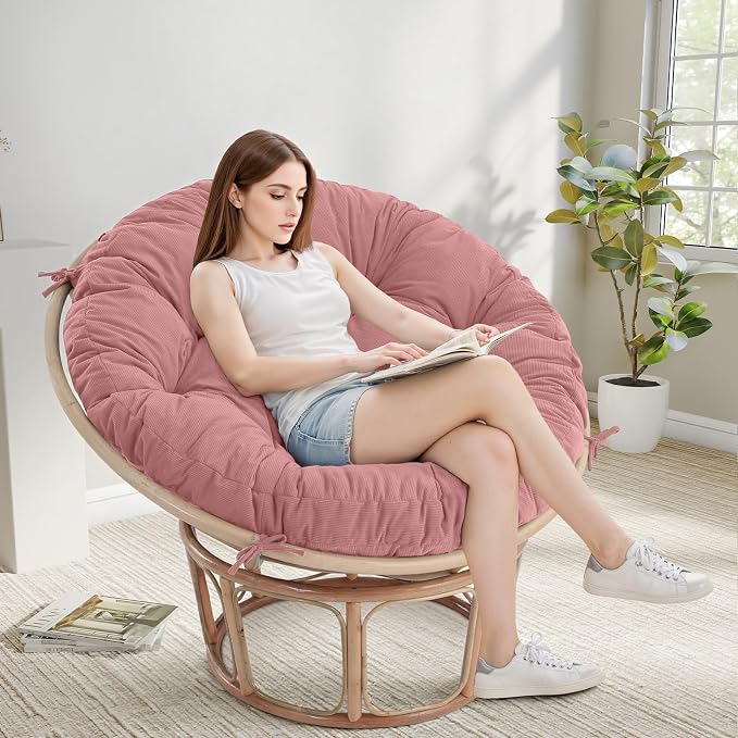 idee-home Papasan Chair Cushion, Circle Papasan Chair Cushion(Cushion Only) | Papasan Cushion with Thick Corduroy Cover, 48 x 48 Inch Cushion for Egg Chair, Pink