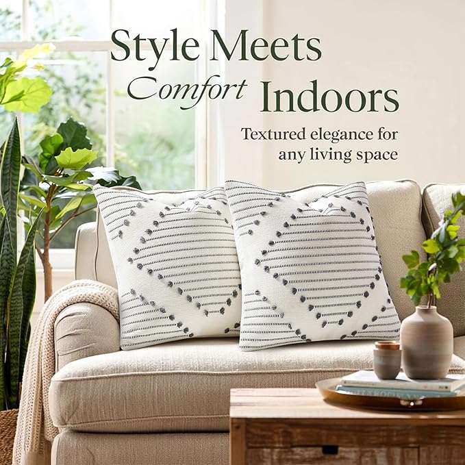 Mecatny Boho Summer Outdoor Throw Pillow Covers 18X18 Set of 2, Farmhouse Decorative Pillow Covers for Couch Sofa Living Room, Grey & Cream White