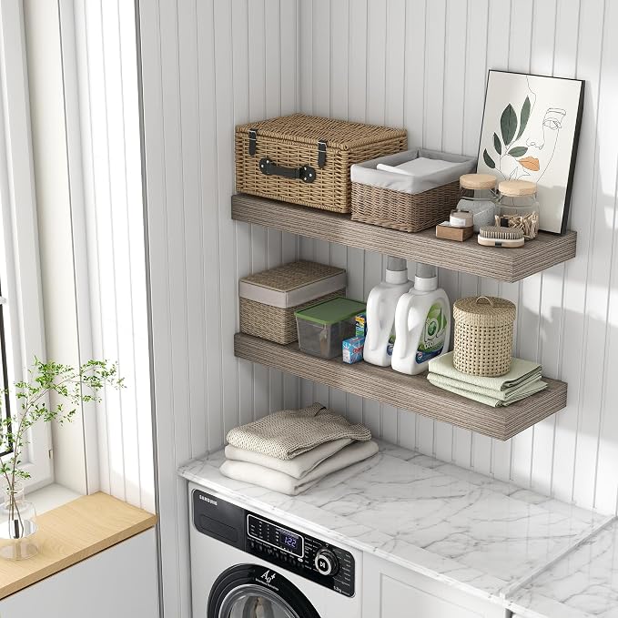 FLYJOE Deep Floating Shelves, 36 Inch Grey Shelves Set of 2 | 12 Inch Deep Shelves for Wall, 36'' x 12'' Rustic Grey Wood Shelves for Bathroom Living Room Laundry Room Kitchen
