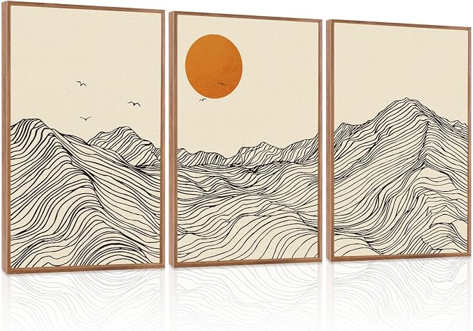 LHIUEM Abstract Wave Line Mountain Framed Canvas Wall Art,Boho Sun Wall Decor,Minimalist Beige Artwork for Living Room,Bedroom,Dining Room,Office -16"x24"x3
