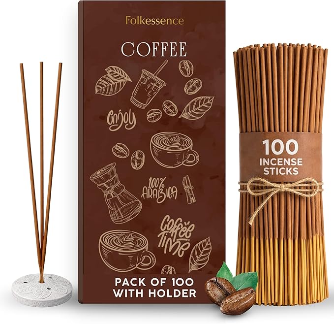 Folkulture Incense Sticks with Holder (100 Sticks)| Premium Coffee Incents Stick for Focus, Energy, Relaxation Gifts for Women | No Charcoal,Organic,Non Toxic, 45 Mins, Long Burning Insence-Sticks