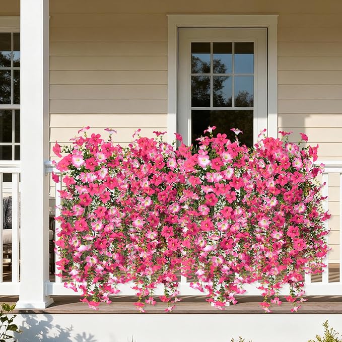 Artificial Fake Flowers Plants for Outdoor Spring Summer Decoration,2 PCS Faux Silk Morning Glory with Eucalyptus Leaves,UV Resistant Realistic Outdoor Flowers for Balcony Porch Patio Yard Garden