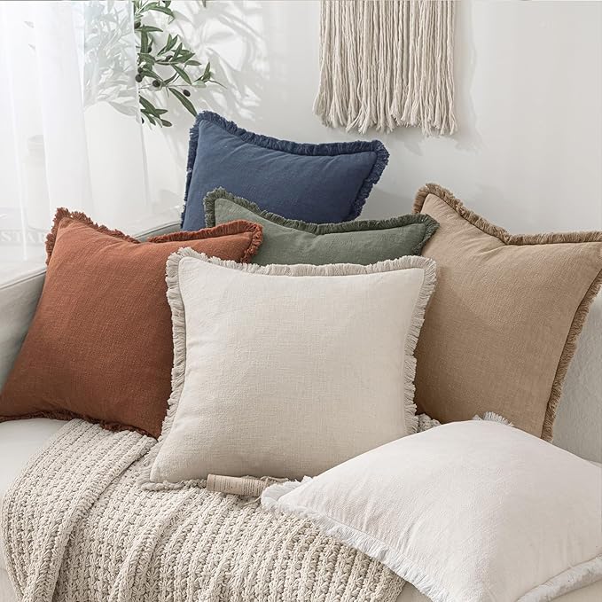 MIULEE Decorative Throw Pillow Covers Neutral Linen Fringe Throw Pillows Euro Shams Set of 2 Camel Boho Farmhouse Cushion Covers for Couch Sofa Bed Living Room Spring Home Decor 24x24 Inch