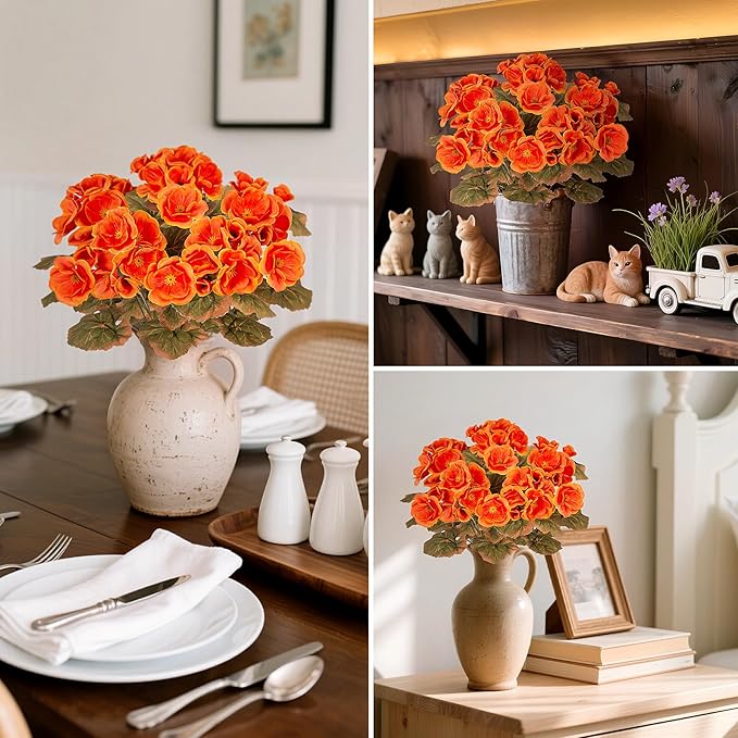Ammyoo Fake Fall Flowers Artificial for Outdoors Decoration, 6 Bundles Faux Geranium Silk Flower Outside UV Resistant No Fade Artificial Floral for Home Garden Balcony Indoor Table Centerpieces Decor