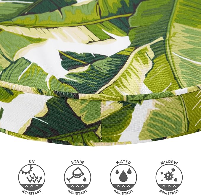 Set of 2 Outdoor 18 inch Round Patio Dining Chair Pads – Comfortable Fiber-Filled Seat Cushions with Ties, Reversible Polyester Fabric, Palm Leaves White