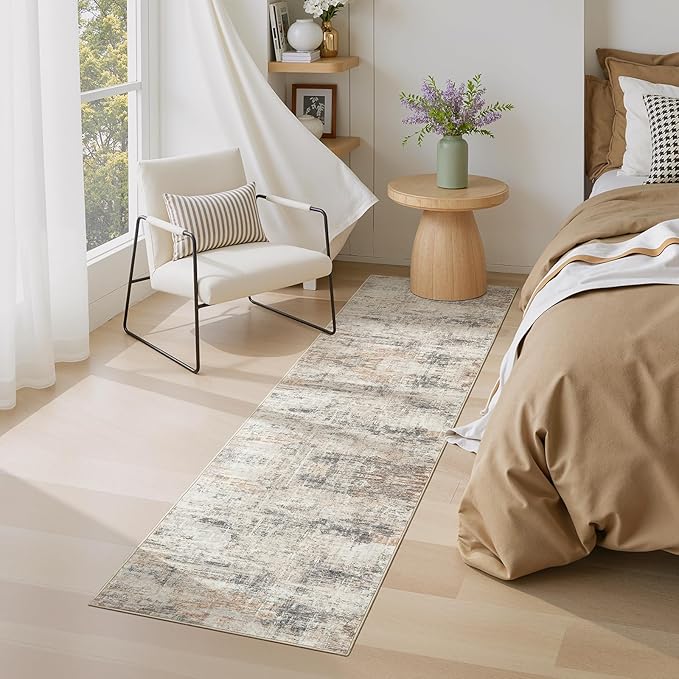 Lofus 2 x10 Area Rug for Hallways, Gold Abstract Washable Runner Rugs with Non Slip Rubber Backing, Low Pile Soft Carpet Runner for Kitchen Bathroom Bedroom Laundry