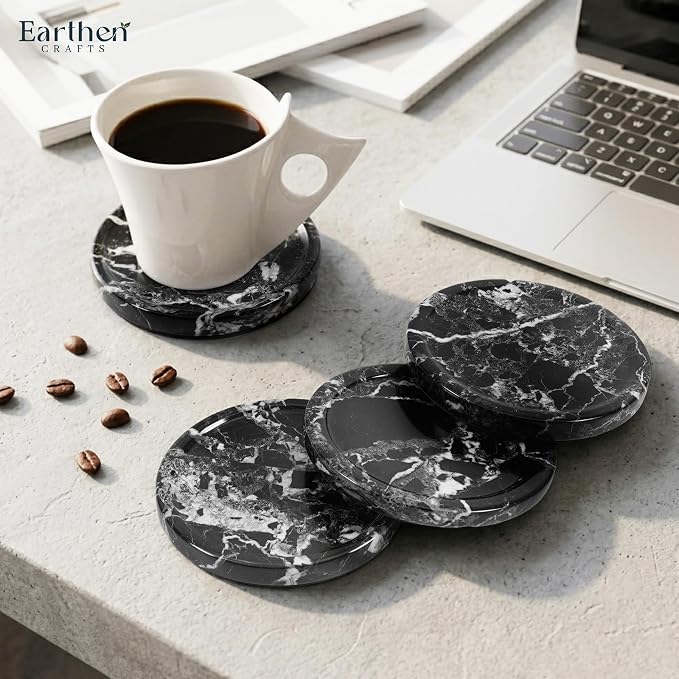 Marble Coasters Set of 4 for Drinks 4 Inches Round Black Stone Drink Coaster, Decorative for Coffee Table Decor, Kitchen Counter