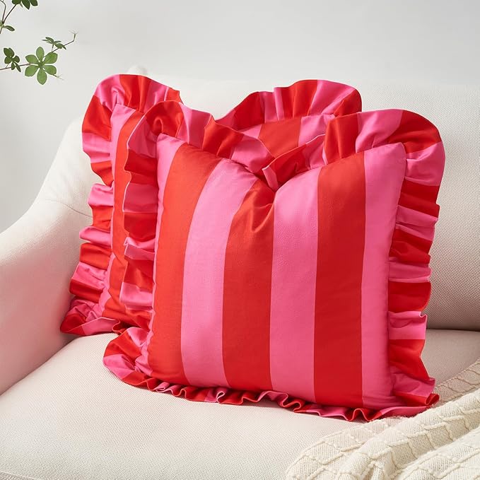 MONDAY MOOSE Decorative Throw Pillow Covers, Set of 2 Water-Resistant Striped Design with Ruffle Edge for Outdoor/Indoor Use, Pillow Inserts Not Included (18x18 inch, Hot Pink/Red)